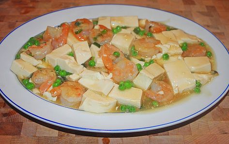 The Grub Files: Cooking with Camissonia: Chinese Stir Fried Tofu and Shrimp with Peas (Sha Ren Tofu) Shrimp And Peas, Asian Tofu, Cornstarch Slurry, Chinese Stir Fry, Shrimp Stir Fry, Tofu Stir Fry, Spain Food, Chicken Base, Tofu Dishes