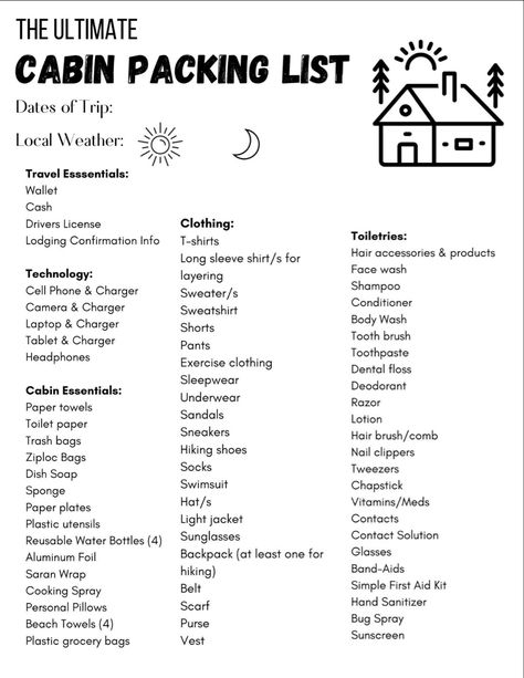 What To Do In A Cabin, Camping In Cabin List, Outfits For Cabin Weekend, Camping Cabin Checklist, Weekend Camping Trip Packing List, Cabin Camping Packing List, Packing List For Tennessee, Cabin Stay Packing List, Cabin Essentials Packing Lists