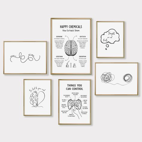 Mental Health Posters, Set of 6 Psychology Prints for Therapy Office Decor, Mental Health Printable Wall Art Black This Set of 6 Printable Posters is perfect for your therapy office, or as a self-help inspirational reminder in your home decor. You can use these beautifully designed Original Boho Art Prints to create a a corresponding atmosphere for therapy sessions with clients whether you are a therapist, counselor, teacher or a social worker.  Also makes a perfect gift for your favorite therap Welcoming Office Decor, Psychology Classroom Decorations, Therapy Office Artwork, Coaching Office Design, Counselor Office Decorating Ideas, Therapy Office Design, Psychology Decor, Psychology Office Decor, Counseling Office Decor