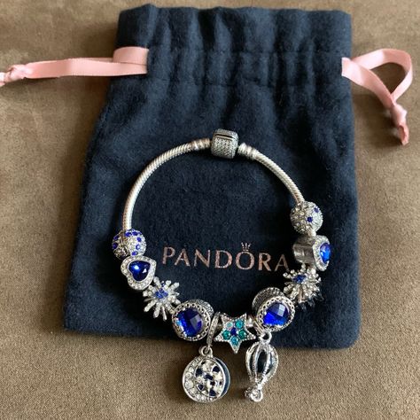 Pandora Sparkling Pave Barrel Clasp Bracelet With 11 Charms Universe Galaxy Dark Sky Stars Moon Snowflake Blue Theme Charms Jewelry Bracelet Is Authentic Pandora Sparkling Pave Barrel Clasp Snake Chain Bracelet (Last 4 Pictures Shown Style Of The Bracelet Without Charms). Sterling Silver 925. Bracelet Is In Great Condition. Charms Are Non Brand Charms That I Placed On The Bracelet For You. They Are All Brand New. (11 Charms) Please Review All Pictures. You’ll Get Everything In Pictures. Very Pre Dark Blue Pandora Bracelet, Pandora Bracelet Blue Theme, Pandora Bracelet Stack, Blue Pandora Bracelet, Body Jewelry Diy, Couples Trip, Pandora Bracelet Charms Ideas, Pandora Bracelet Designs, Pandora Blue