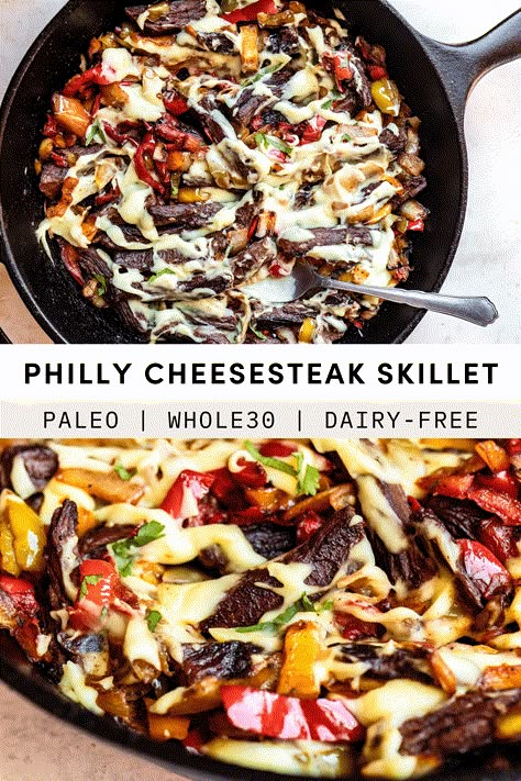 30-Minute Philly Cheesesteak Skillet (It’s Dairy-Free!) Paleo Skillet Meals, Steak Paleo Recipes, Paleo Dinner Beef, Dairy Free Philly Cheese Steak, Keto Dairy Free Recipes Dinner, Gluten And Dairy Free Beef Recipes, Blackstone Whole 30, Gf Df Sf Recipes Dinner, Whole 30 Quick Meals