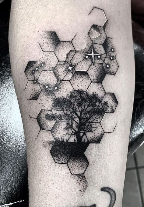 Pathway Tattoo, Friend Tats, Hexagon Tattoo, David Tattoo, Honeycomb Tattoo, Tree Tattoo Men, Geometric Sleeve Tattoo, Muster Tattoos, Geometry Tattoo