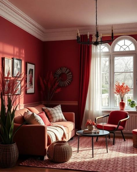 Red Living Room Walls, Red Living Room, Red Ceiling, Red Dining Room, Red Living, Sconces Living Room, Living Room Red, Room Walls, Living Room Inspo