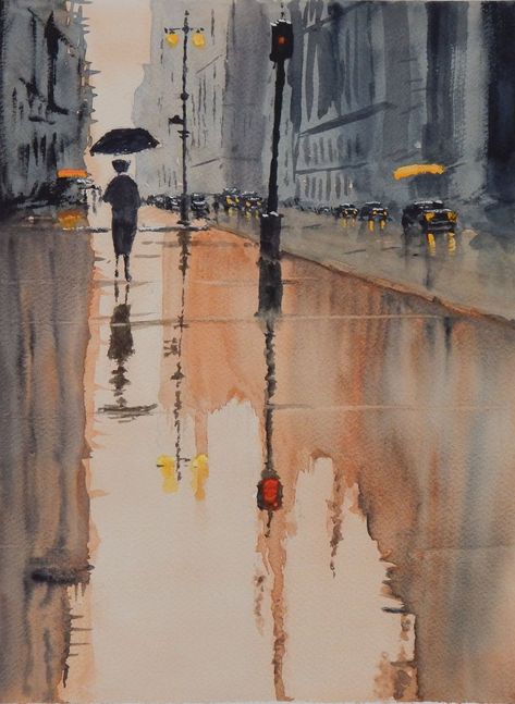 Rainy Painting, Watercolour Street, Umbrella Painting, London Cityscape, Venice Painting, Rainy City, Reflection Painting, Rain Painting, Watercolor City