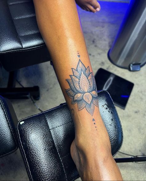 Spiritual Ankle Tattoo, Lotus Leg Tattoos Women, Lotus Flower Leg Tattoos Women, Ankle Tattoos For Women Wrap Around Black Women, Ankle Tattoo Black Women, Lotus Flower Knee Tattoo, Lotus Foot Tattoo, Lotus Flower Tattoo Ankle, Foot Tattoo Black Women