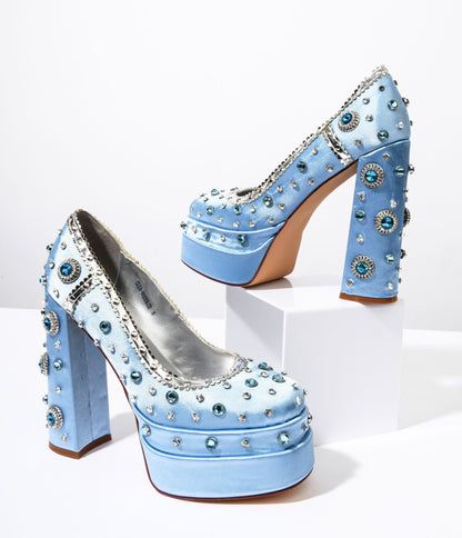 Baby Blue Rhinestone Embellished Platform Heels Statement Shoes, Prom Shoes Blue, Light Blue Platform Heels, Baby Blue Shoes, Blue Platform Heels, Baby Blue Heels, Princess Heels, Blue High Heel Shoes, Mermaid Shoes