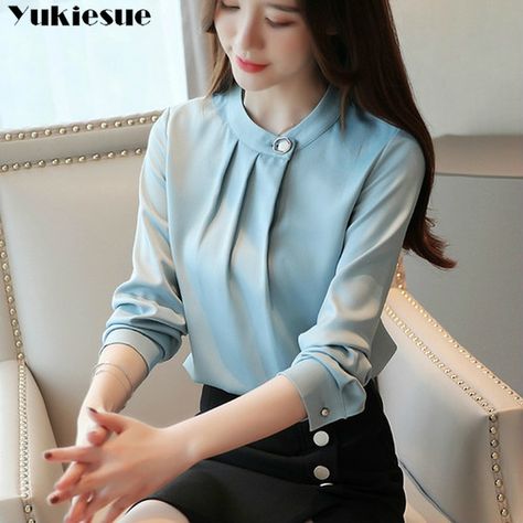 Outfit Kantor, Office Blouse, Chiffon Shirt Blouse, Women Chiffon Blouse, Basic Blouses, Straight Clothes, Tops And Blouses, Flare Top, Mode Chic