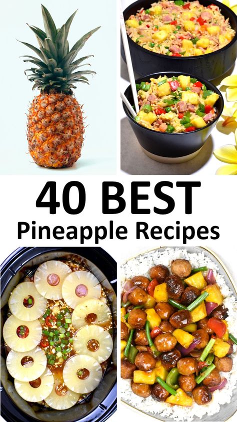 This list of great Pineapple Recipes is just what you need when you have an abundance of the tropical fruit. Food With Pineapple, Dinners With Pineapple, Pineapple Meals Dinners, Dinner Ideas With Pineapple, What To Make With Canned Pineapple, Foods With Pineapple, Pineapple Salad Recipes Healthy, Pineapple Chicken Recipes Easy, Dinner With Pineapple