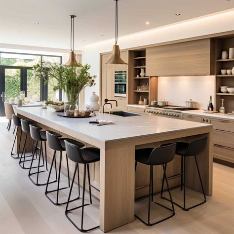 Giant Kitchen Island With Seating, L Shape Island With Seating, Modern Kitchen Without Island, Wrap Around Island Seating, Contemporary Kitchens With Islands, Kitchen Island And Dining Table Layout, Double Kitchen Island Ideas, Kitchen Island With Seating On Two Sides, Kitchen Island Extension Ideas