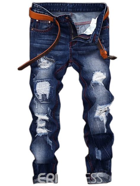 Ericdress Denim Holes Casual Street Style Men's Pants Stonewash Jeans, Jeans Pocket, Ripped Pants, Mens Fashion Edgy, Jean Pockets, Jean Straight, Jeans Ripped, Men Street, Jeans Distressed