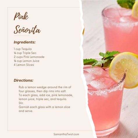 Valentines day cocktail drink recipe, pink drink, pink party, summer cocktail, pink cocktail recipes Valentines Pitcher Drinks, Valentines Margarita Recipes, Pink Lady Cocktail Recipe, Pink Señorita Cocktail, Cocktail Valentines Day, Pink Senorita Drink, Valentines Margaritas, Valentine's Day Cocktails, Galentines Drink Alcoholic