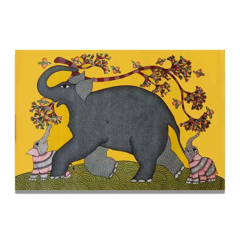 By Roshni Shyam This Artistic piece “Elephant and Two Calfs” is a Gond Tribal Style of painting designed by Roshni Shyam. Gond art is a traditional tribal art made by dashes and dots Painting is on canvas and comes unframed. The painting size is 24 inches x 36 inches Gond Art Krishna, Gond Art Animals, Gond Art Ganesha, Gond Painting Folk Art Birds, Gond Art Elephant, Kalamkari Art, Dots Painting, Gond Art, Traditional Folk Art