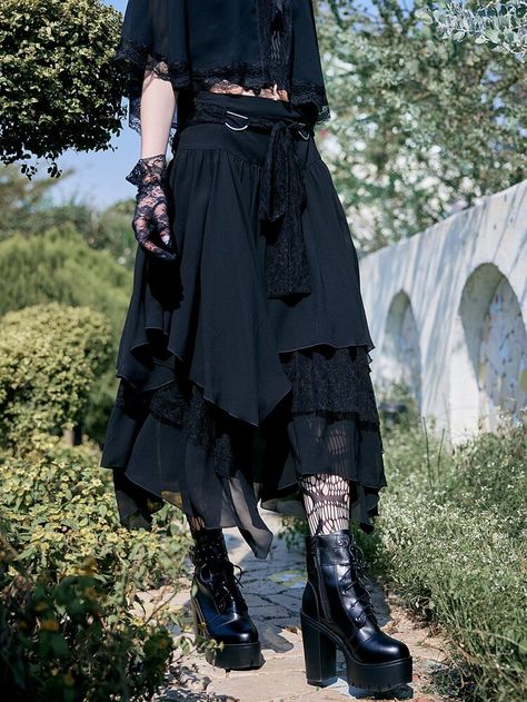 ROMWE Goth Contrast Lace Asymmetrical Skirt | SHEIN USA Goth Skirt, Fair Outfits, Vestidos Vintage, Asymmetrical Skirt, Gothic Outfits, Goth Outfits, Alternative Outfits, Edgy Outfits, Goth Fashion