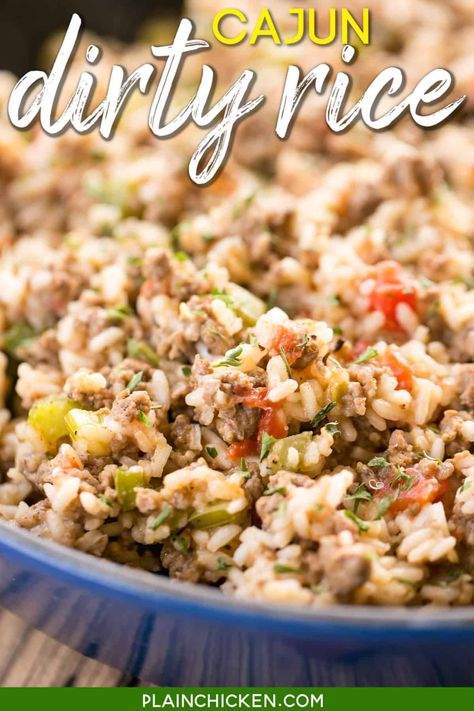 Cajun Dirty Rice - delicious one-pot meal!! Ready in under 30 minutes! Great for Mardi Gras parties!!! Ground beef, pork sausage, onion, bell pepper, celery, cajun seasoning, rice, chicken broth and diced tomatoes and green chiles. This was a huge hit in our house! #casserole #rice #cajun #creole #mardigras Rice Chicken Broth, Seasoning Rice, Cajun Dirty Rice Recipe, Cajun Dirty Rice, Rice Dishes Easy, Cajun Rice, Dirty Rice Recipe, Cajun Sausage, Chicken Rice Casserole