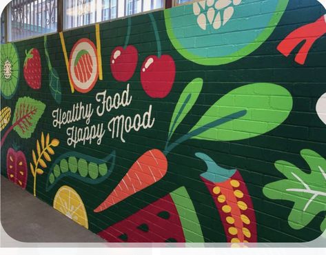 Cafeteria Mural Ideas, Food Wall Mural, Food Wall Art Paintings, Food Mural Art, Primary School Mural, Community Garden Mural, Mural Ideas For School, Canteen Wall Art, Mural Ideas School