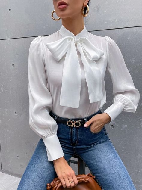 Bow Tie Blouse, Babydoll Blouse, Women Tie, Bow Blouse, Tie Neck Blouse, Tie Blouse, Satin Blouse, Puff Sleeve Blouse, Elegant Shirt