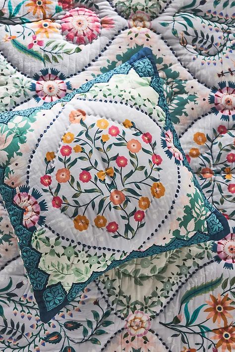 Up To 30% Off Mother's Day Gifts | Anthropologie Anthropologie Bedding, Hand Stitched Quilt, Anthropologie Home, Candles For Sale, Quilted Sham, Floral Quilt, Kantha Stitch, Printed Quilt, Square Quilt