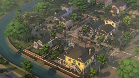 Sims 4 Foundry Cove, Simple Cas Background Sims 4, Sims 4 Neighborhood Lot, Sims 4 Neighborhood Ideas, Sims 4 Neighborhood, Trick Or Treat Games, Building References, The Sims 4 Lots, 4 Family