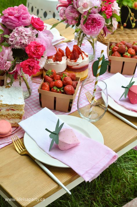 Sweet Strawberry Theme Party: DIY strawberry party decorations made with Cricut, picnic tablescape, and strawberry dessert menu. Berries Themed Party, Strawberry Picking Birthday Party, Strawberry One Birthday Party, Strawberry Farm Party, Strawberry Birthday Table Decorations, Strawberry Picnic Party, Strawberry Theme Party Decorations, Strawberry Garden Party, Strawberry Party Aesthetic