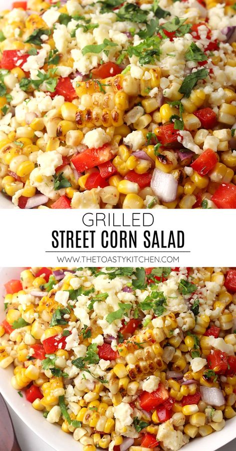 Grilled street corn salad is the ultimate summer side dish. Corn on the cob is grilled and tossed in a tangy tajin dressing along with peppers, cotija cheese, and cilantro. It's the perfect addition to your next grilling day or summer party. Grilled Corn Salad Recipes, Grilled Street Corn, Rv Snacks, Salad Board, Mexican Grilled Chicken, Tajin Recipes, Roasted Corn Salad, Grain Salads, Tailgating Food