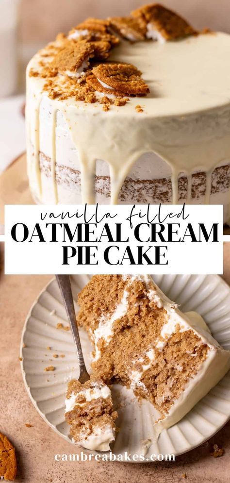 This oatmeal cream pie cake is a warm and cozy spiced oatmeal cake filled with vanilla cream and topped with a creamy vanilla glaze. Inspired by Little Debbie's oatmeal cream pies; it's the perfect treat for fall or any time of year! Oatmeal Birthday Cake, Oatmeal Cream Pie Wedding Cake, Oatmeal Creme Pie Cake, Oatmeal Pie Cake, Oatmeal Cream Pie Cupcakes, D&d Food, Oatmeal Cookie Cake, Oatmeal Cream Pie Cheesecake, Oatmeal Cream Pie Cake