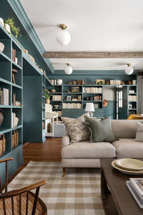 Historic Charleston Remodel - Studio McGee Sitting Area In Dining Room Ideas, Library Wall Built In, Library With Fireplace Bookshelves, Built In Shelves Family Room, Living Room With Sitting Area, Blue Playroom, Library Wall, Room Library, Bridgetown