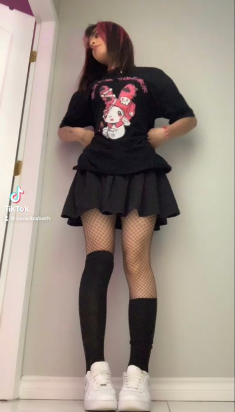 elizabethbtw on instagram! - goth alt aesthetic kawaii alternative hello kitty tennis skirt egirl depop thrift teenage dream fit indie emo y2k pink white black open rp fishnet lace cami vs Alternative Outfits With Skirt, Hello Kitty Alt Outfits, Alt Skirt Outfits Aesthetic, Black And Pink Emo Outfits, Black Pink White Outfit, Cute Alt Outfits Pink, Pink White And Black Outfit, Kawaii Black Outfits, Egirl Skirt Outfits Ideas