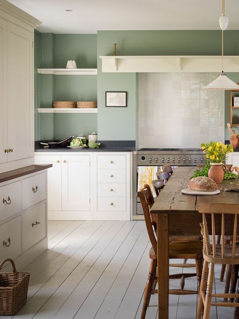 5 Cream-Colored Kitchen Cabinet Paints the Pros Swear By Cream Kitchen Units, Sage Green Kitchen Walls, Cream Colored Kitchens, Cream Colored Kitchen Cabinets, Green Kitchen Walls, Cream Kitchen Cabinets, White Shaker Kitchen Cabinets, Paint For Kitchen Walls, Sage Green Kitchen