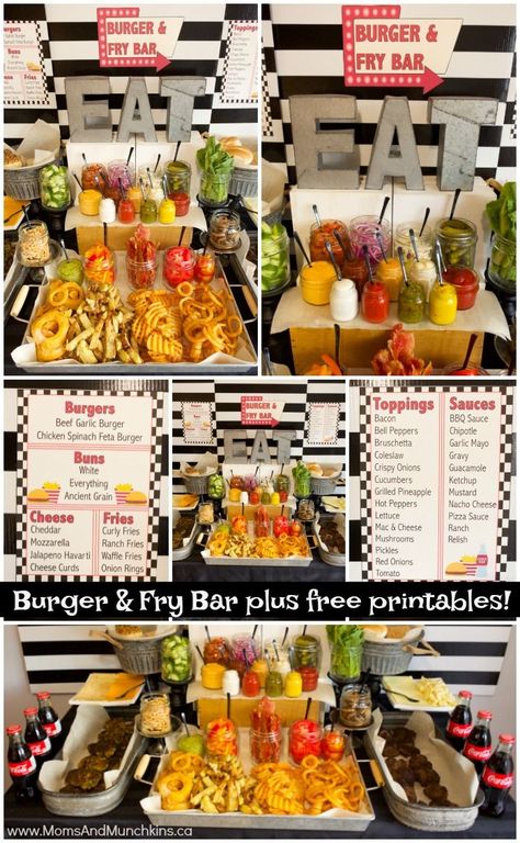 Burger and Fry Bar Ideas including free printables! Ideas for party food, burger recipes, fries, dipping sauces and more! #Burgers #PartyBuffet #BBQParty #BurgersAndFries #Fries #PartyFood Burger Bar Ideas, Fry Bar, Hamburger Bar, Burger Bar Party, Ideas Food Party, Party Food Ideas For Adults, Ideas For Party Food, Food Bar Ideas, Party Food Bars