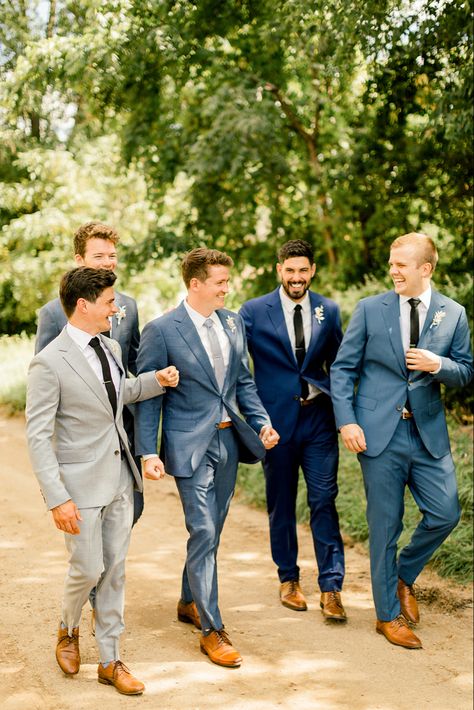 Men’s Colored Wedding Suit, Groom Not Matching Groomsmen, Groomsmen Attire Mix And Match, Mixed Groomsmen Attire, Mismatching Groomsmen Attire, Groomsmen Attire 2024, Groom Blue Suit Groomsmen Khaki, Groomsmen Attire Multicolor, Mismatched Blue Suits Groomsmen