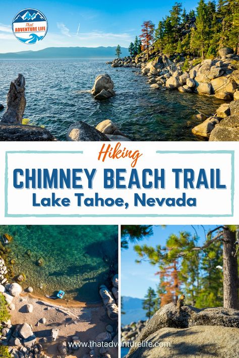 Chimney Beach Trail: How to do sunset in Lake Tahoe by That Adventure Life. Beautiful, short trail to breathtaking and remote beaches on Lake Tahoe. One of them is Chimney Beach where you can watch amazing sunsets. A beautiful place to travel to see the sun go down. A great hiking trail for any adventurer. This blog is packed full of travel tips and hiking gear essentials for this sunset adventure. Check it out now. Chimney Beach Lake Tahoe, Nevada Hiking, Nevada National Parks, Lake Tahoe Trip, Sunset Adventure, Tahoe Trip, Place To Travel, Tahoe Nevada, Lake Tahoe Nevada