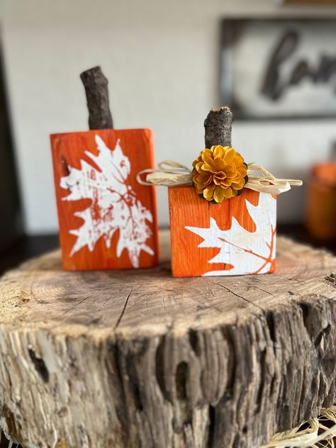 Handmade, cut and decorated in our shop. Pictured sizes are 5x3.5 and 3x3.5 Wood Thanksgiving Decor, Fall Wood Block Crafts, Fall Wood Crafts Diy, Pumpkin Chuckin, Painted Logs, Thanksgiving Wood Crafts, Thanksgiving Table Decor Ideas, Three Tier Tray, Easy Fall Wreaths