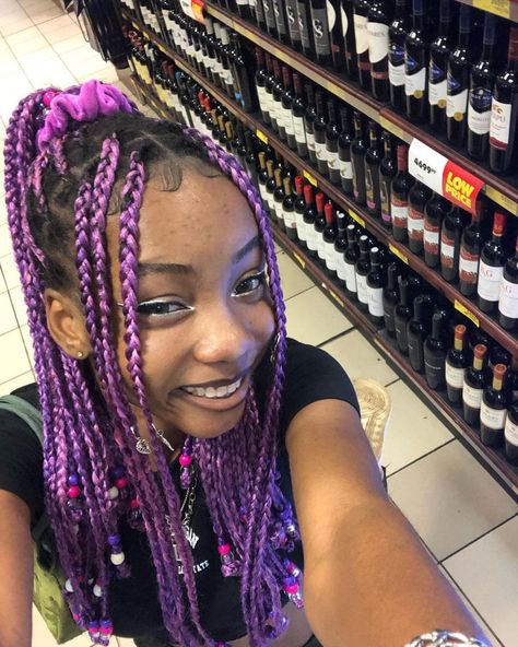 #purplehair #yk2 Purple And Green Braids For Black Women, Black And Purple Knotless Braids With Beads, Pink Purple Blue Box Braids, Purple Black Braids, Purple Box Braids With Beads, Short Purple Braids, Blue And Purple Box Braids, Purple Braids With Beads, Brown And Purple Braids