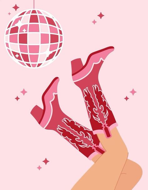 Groovy Cowboy Aesthetic, Cowgirl Boots Painting Canvas, Cowgirl Aethstetic, Pink Cowgirl Painting, Pink Cowboy Boots Wallpaper, Disco Cowgirl Painting, Country Pink Aesthetic, Disco Cowgirl Illustration, Pink Country Aesthetic Wallpaper