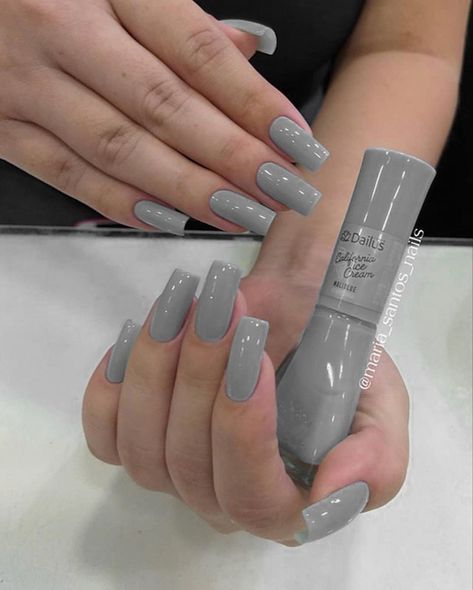 Gray Nail Ideas Acrylic, Solid Color Acrylic Nails, Grey Gel Nails, Light Gray Nails, Grey Acrylic Nails, Nail Paint Shades, Gray Nails, Blue Nail, Square Acrylic Nails