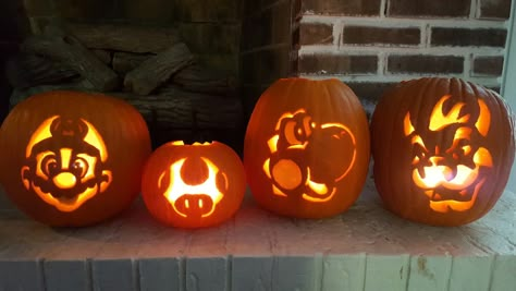 Mario pumpkin carvings 2016 Pumkin Carving Mario, Pumpkin Carving Ideas Mario Bros, Pumpkin Carving Ideas Mario Characters, Mario Carved Pumpkin, Pumpkin Carving Packman, Super Mario Jack O Lantern, Mario Cart Pumpkin Carving, Bowser Pumpkin Carving, Disney Theme Pumpkin Carving