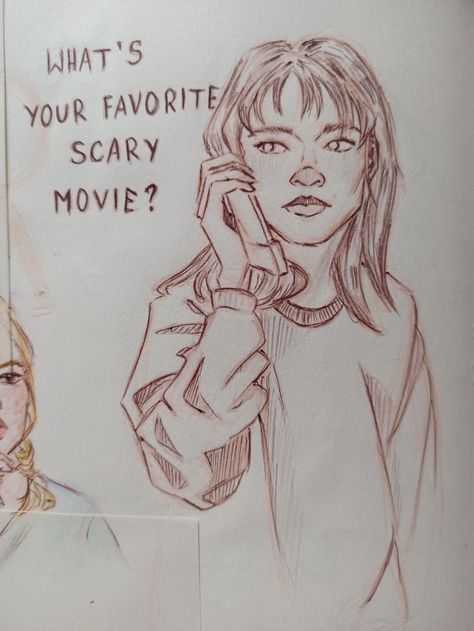 Sidney Prescott drawing scream horror fanart Scream Movie Tattoo Designs, Scream 1996 Drawing, Horror Drawing Aesthetic, Scream Drawing Aesthetic, Scream Cartoon Drawing, Sidney Prescott Drawing, Stu Macher Drawing, Scream Movie Fanart, Scream Art Drawing