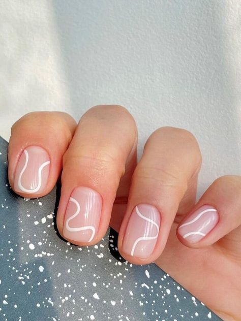 Short milky nails with white squiggles Simple Korean Nails Short, Nail Design Transparent, Kbeauty Korean Nails, Korean Minimalist Nails, Minimal Summer Nails, Abstract Nail Art Short Nails, Short Korean Nails, Disco Jungle, Korean Nail Designs