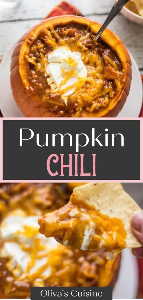 This healthy Pumpkin Chili recipe is the ultimate fall chili recipe. All the delicious, savory flavor of pumpkin, but with the classic hearty texture of chili. If you are looking for pumpkin dinner recipes, you have to try this healthy pumpkin chili recipe this Fall! When it comes to Fall comfort foods, it just doesn't get any better than pumpkin + chili + tortilla chips for dipping! Pumpkin Chili Recipe Crockpot, Pumpkin Beer Chili, Chilli Recipe Crockpot, Chili Pumpkin, Beanless Chili Recipe, Pumpkin Chilli, Fall Chili, Pumpkin Dinner, Turkey Pumpkin Chili