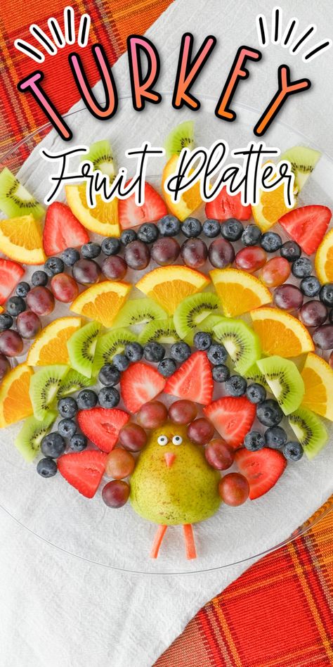 This Turkey Fruit Platter is a fun and delicious way to serve up a healthy appetizer at your next Fall or Thanksgiving gathering. Thanksgiving Fruit Platter Turkey, Fruit Platter Designs Thanksgiving, Turkey Fruit Platter Thanksgiving, Turkey Fruit Pizza, Turkey Shaped Fruit Tray, Thanksgiving Fruit Trays, Fruit Thanksgiving Platter, Thanksgiving Fruit Turkey, Thanksgiving Fruit Platter Ideas