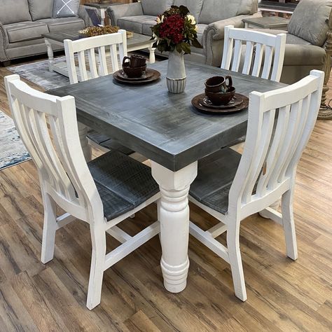 This beautiful square farmhouse table is perfect for any breakfast nook. This dining set comes in a beautiful slate gray top with a bright white distressed base. This grey slate finish is our most durable finish.  This set comes with four chairs.This beautiful square farmhouse table is perfect for any breakfast nook. F Square Kitchen Table, Small Square Dining Table, Farmhouse Style Kitchen Table, Square Kitchen Tables, Square Farmhouse Table, Square Farmhouse, Small Farmhouse Kitchen, Diy Dining Room Table, Rustic Kitchen Tables