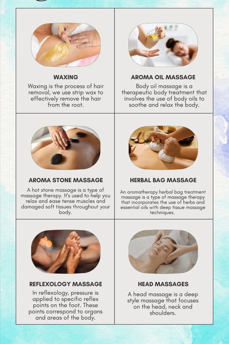 Different Massage Types, Different Type Of Massages, Wellness Spa Services, Outdoor Massage Ideas, Medical Spa Services, Spa Add On Services, Body Massage Benefits, Massage Therapy Add Ons, Types Of Massage Therapy