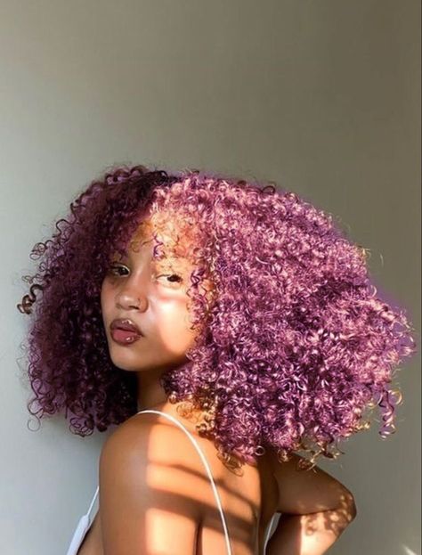 Purple Hair On Natural Hair, Light Brown Hair With Pink Skunk Stripe, Purple Hair Color Curly, Purple Hair Color Black Women, Curly Purple Hair Black Women, Lavender Curly Hair Black Women, Died Curly Hair Black Women, Coily Hair Dye Ideas, Dark Purple Curly Hair Black Women