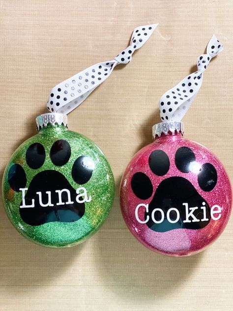 I’m going to make some more DIY glitter ornaments for Christmas this year. I made one for one of my kitties and one for my brother and his family’s dog. You could also make these for your pets who have passed away by adding the year they passed. How To Make Dog Christmas Ornaments, Christmas Ideas Ornaments, Diy Xmas Ornaments Cricut, Dog Christmas Ornaments Homemade, Dog And Cat Christmas Ornaments Diy, Cute Dog Christmas Ornaments, Pet Christmas Ornaments Cricut, Family Glitter Ornaments, Glitter Ornaments Cricut