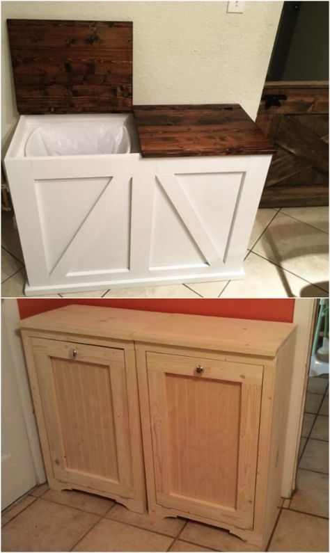 DIY Double Bin Recycling Station - 20 DIY Home Recycling Bins That Help You Organize Your Recyclables Garbage Bin Storage Indoor, Double Garbage Can Cabinet Diy, Indoor Bin Storage Ideas, Double Trash Can Cabinet Diy, Recycling Station Kitchen, Diy Wooden Trash Can Holder, Trash Can Storage Kitchen Diy, Recycling Station Ideas, Home Recycling Station