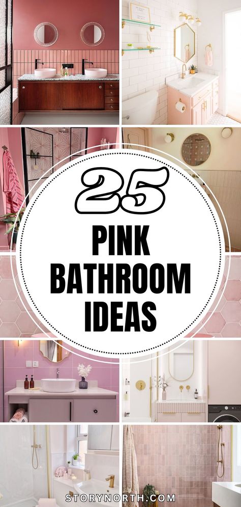 Save this pin for 25 stunning pink bathroom ideas that will instantly add a pop of color to your home decor! From blush accents to bold statement walls, get inspired to transform your bathroom. #PinkBathroom #HomeDecorIdeas #BathroomDesigns Bubblegum Pink Bathroom, Old Pink Tile Bathroom Ideas, Salon Bathroom Ideas, Vintage Pink Tile Bathroom Makeover, Vintage Pink Bathroom Update, Old Pink Tile Bathroom Ideas Vintage, Soft Pink Photo, Creative Bathroom Storage Ideas, Pink Bathroom Tilea