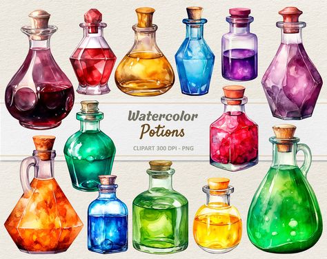 Potion Painting Ideas, Potion Bottle Shapes, Potions Art, Magic Potion Illustration, Potion Bottle Art, Bottle Illustration, Potion Bottles Drawing, Potion Bottles, Witch Potion