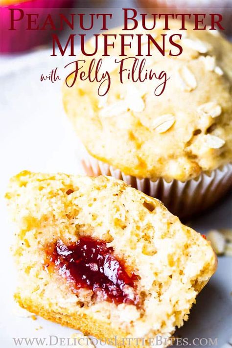 Peanut Butter Muffins are a fun, delicious spin on PB&J. These easy recipe will give you tender, moist muffins are loaded with peanut butter flavor and filled with a sweet jelly surprise in the center. They are a healthy muffin option made with whole grain oatmeal and no butter or oil. | #muffins #peanutbutter #peanutbutterrecipes #peanutbuttermuffins #muffinsrecipes #pbj Whole Grain Oatmeal, Butter Muffins, Healthy Muffin, Peanut Butter Muffins, Moist Muffins, Easy Gluten Free Desserts, Homemade Muffins, Easy No Bake Desserts, Peanut Butter Jelly