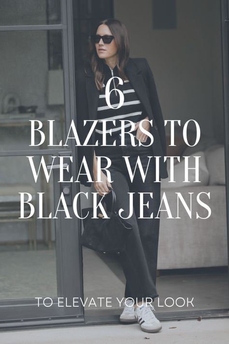 6 Blazers to Wear With Black Jeans, black jeans outfits, blazer outfits, blazer and black jeans outfits Black Sweater With Jeans Outfit, Black Jeans Outfit For Work, Houndstooth Blazer Outfit Street Style, Black Blazer Winter Outfit, Black Blazer And Jeans Outfit Women, Dress Up Black Jeans, What To Wear With Black Jeans, Black And White Blazer Outfit, Casual Blazer Outfit Women