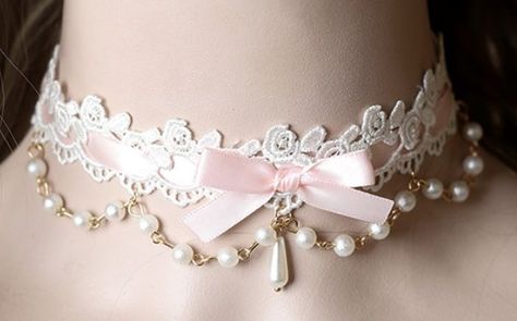 Soft Pink Accessories, Kokomi Necklace, Pearl Outfit Aesthetic, Princess Choker, Kawaii Choker, Dr Mundo, Pink Choker, Ribbon Choker, Fairy Jewelry